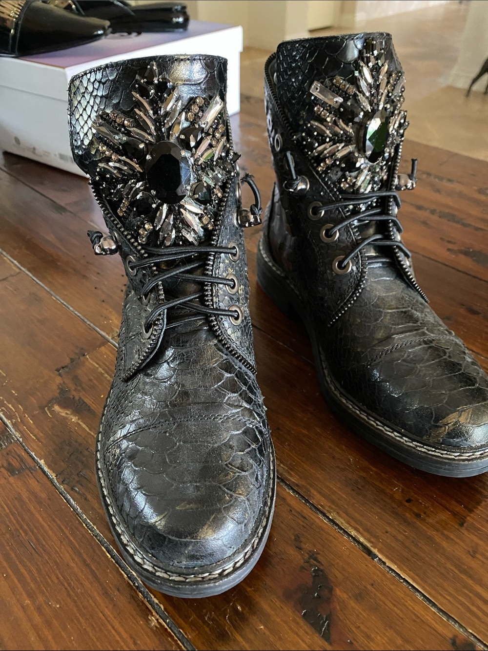 Vince Camuto Black Embellished Snake-Texture Ankle Boots